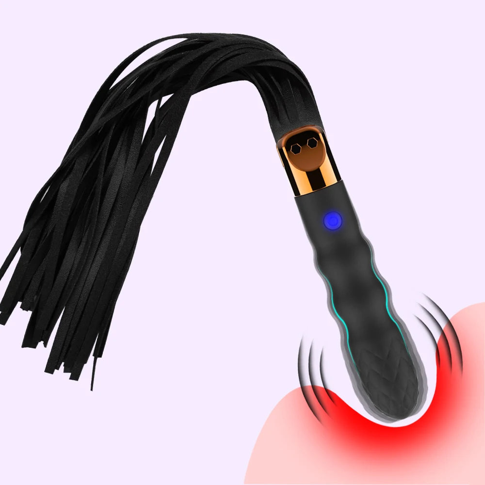 Fouet BDSM noir avec manche texturé et lanières souples – accessoire érotique pour jeux de domination