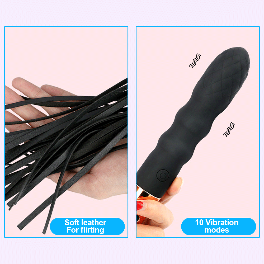 Fouet BDSM noir avec manche texturé et lanières souples – accessoire érotique pour jeux de domination